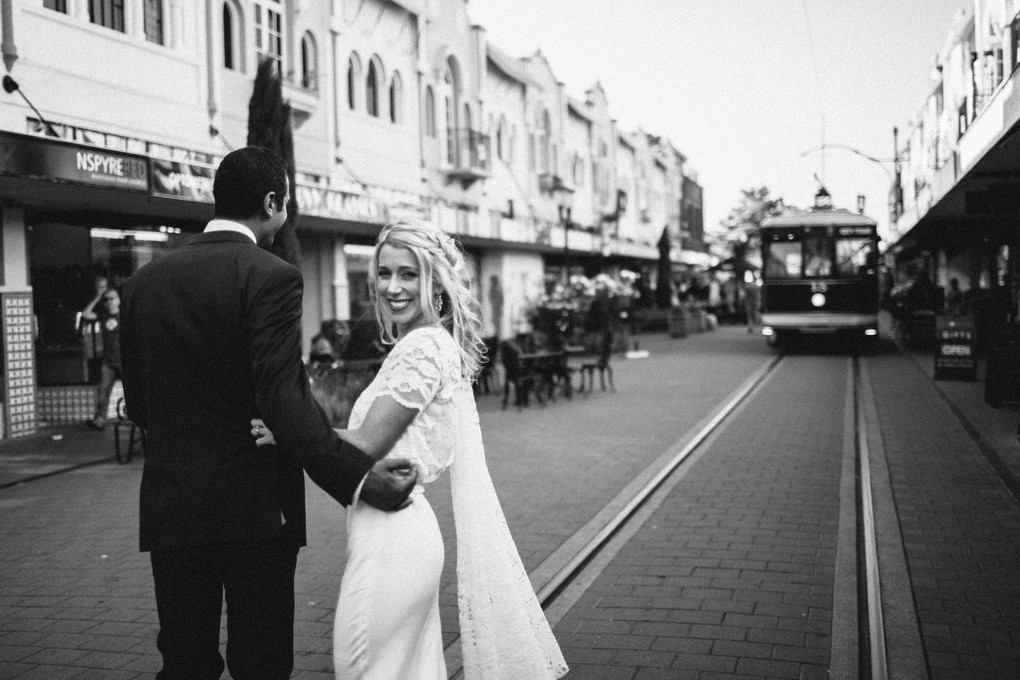 The bride and groom in Christchurch's New Regent Street.