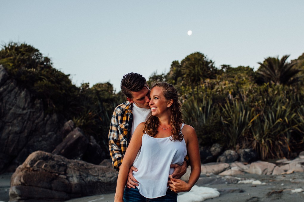 Aaron and Karla's couple shoot at moon rise near Punakaiki on the West Coast of New Zealand's South Island