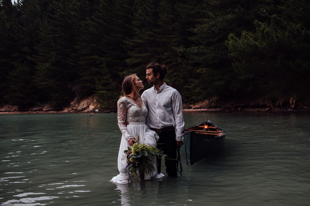 Bride and groom at dawn on Lyttelton Harbour